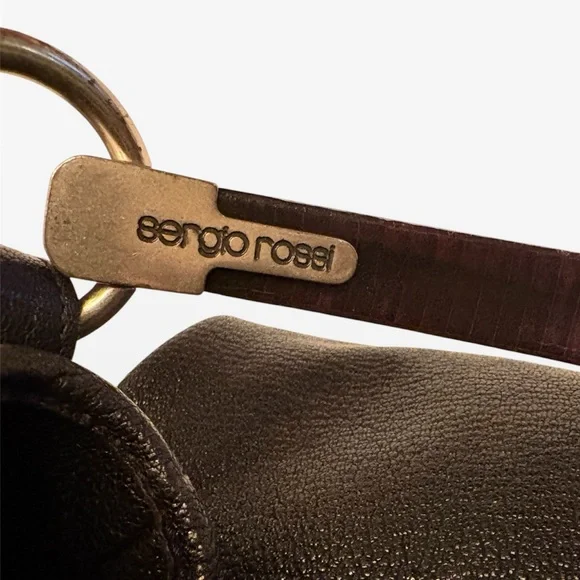 Sergio Rossi Large Black Pebbled Leather Hobo Handbag With Wooden Handle - Picture 4 of 12